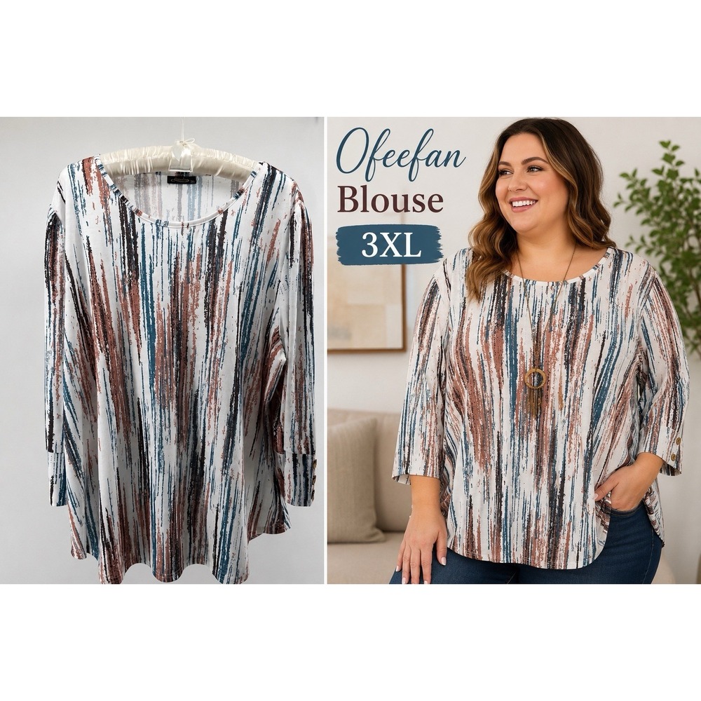 Ofeefan Abstract Watercolor Tunic Top Boho Flowy 3/4 Sleeve Blouse 3XL Casual